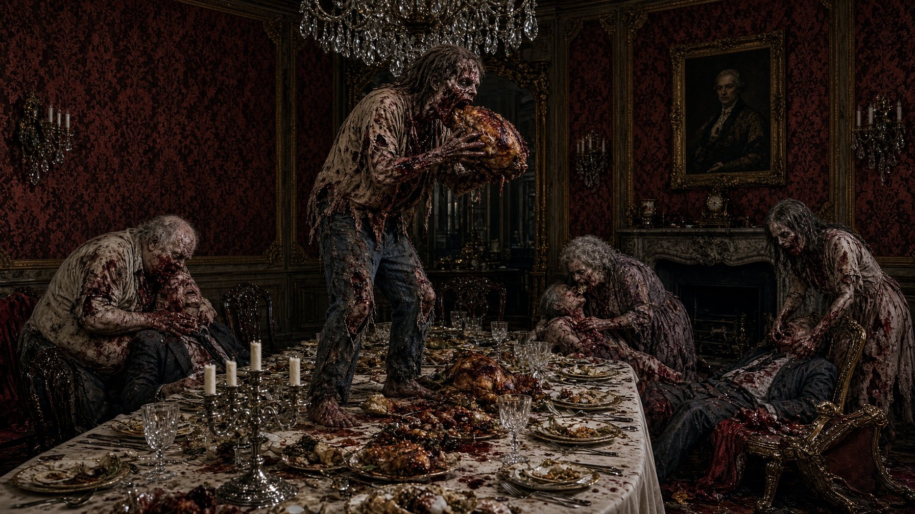 Walkers tear into a Thanksgiving feast, and the guests, in a candlelit Victorian dining room.